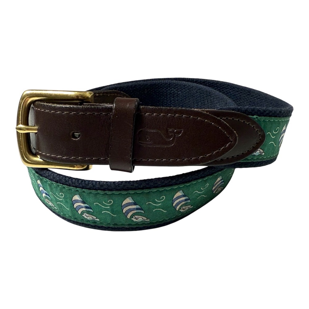 Vineyard Vines Belt Mens‎ 36 Navy Green Sailboat Leather Brass Preppy USA Made